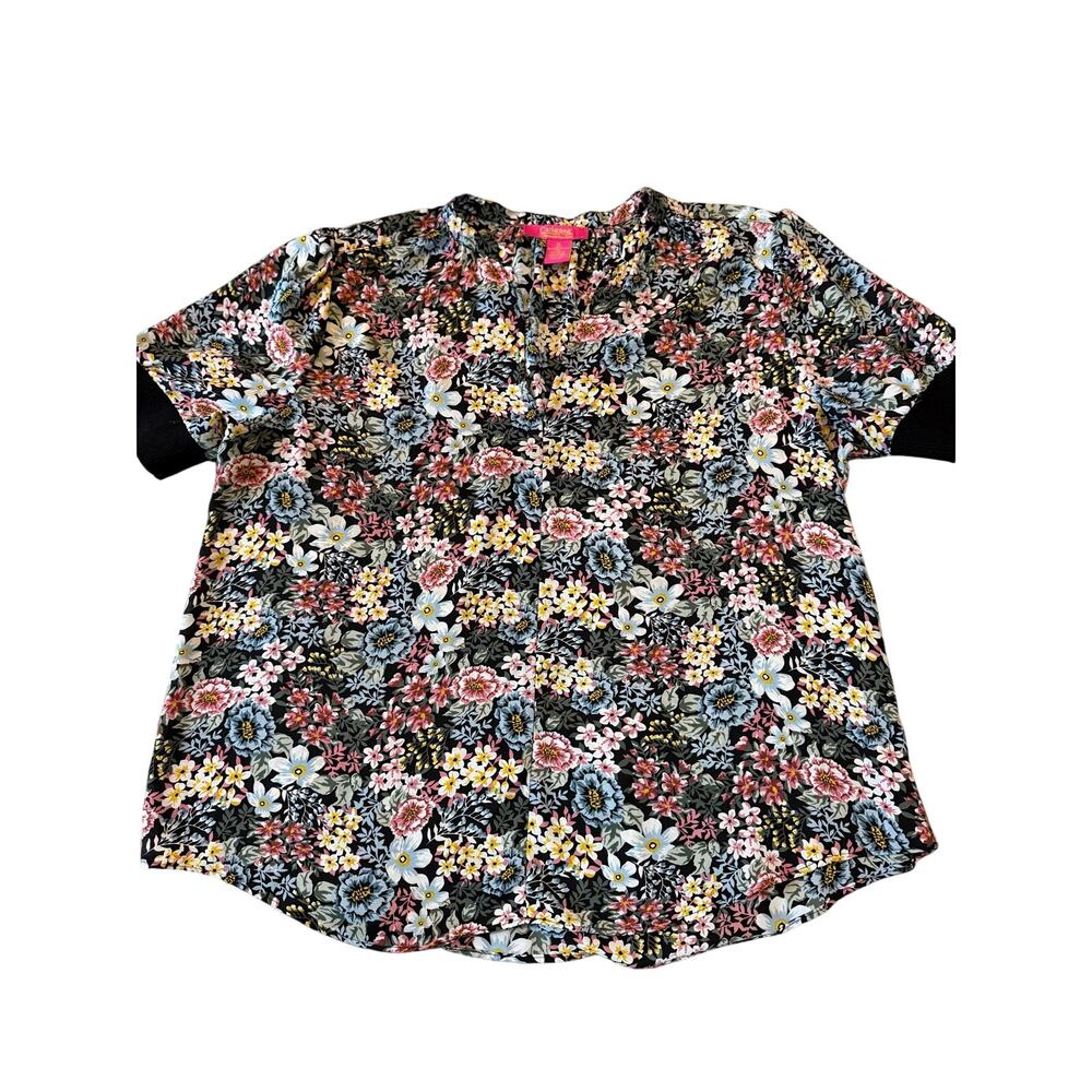 Catherine Malandrino Womens XL Black Floral Blouse Split Neck Knit Cuff Sleeve